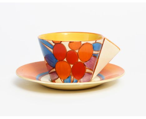 'Berries' a Clarice Cliff Bizarre Conical cup and saucer, painted in colours printed factory mark, 6.5cm. high, (2)