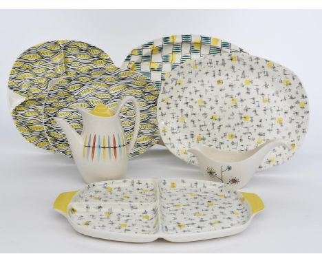 'Savanna' two Midwinter Pottery platters designed by Jessie Tait,  designed in 1956, printed in black and yellow on a white g
