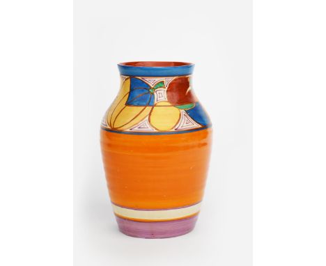 'Melon' a Clarice Cliff Fantasque Bizarre Isis vase, painted in colours between orange, purple and blue bands, printed factor