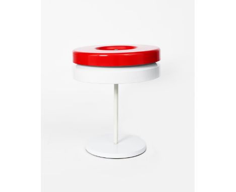 A Kundalini Toric table lamp designed by Patrick Norguet, enamelled white disc base and stem supporting red and white disc sh