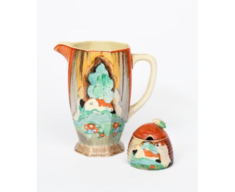 'Forest Glen' a Clarice Cliff Athens jug, painted in colours and a Clarice Cliff Forest Glen small Beehive honeypot and cover
