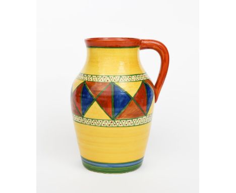 'Original Bizarre' a Clarice Cliff single-handled Lotus jug, painted with a band of blue, red, brown and yellow triangles, ou
