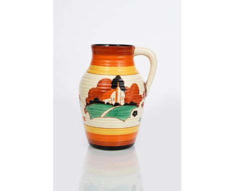'Farmhouse' a Clarice Cliff Fantasque Bizarre single-handled Lotus jug, painted in colours between red, orange, yellow and bl
