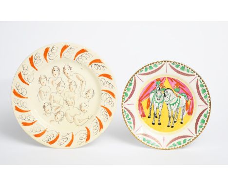 'Circus' a Clarice Cliff Bizarre side plate designed by Dame Laura Knight, printed and painted in colours and gilt with two C