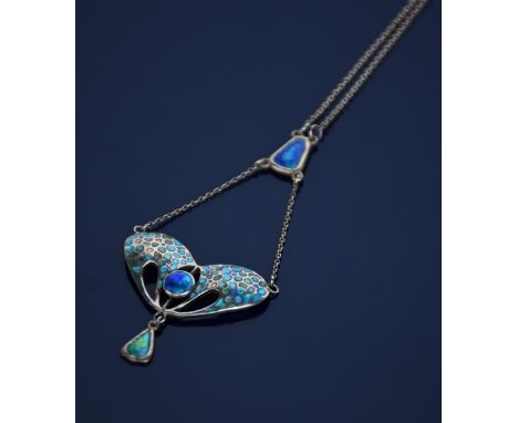 A Charles Horner silver and enamel pendant necklace,  pierced and cast as a stylised moth, in blue and turquoise, stamped mar
