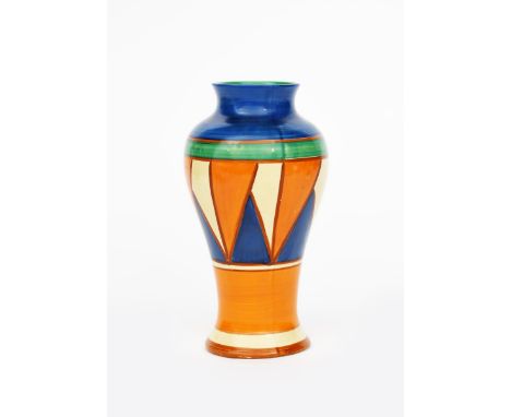 'Original Bizarre' a Clarice Cliff Meiping vase, shape no.14, painted with a band of orange and blue triangles, outlined in b