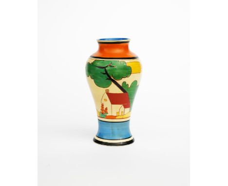 'Red Roofs' a Clarice Cliff Fantasque Bizarre Mei Ping vase, shape no.140, painted in colours between orange, blue and black 