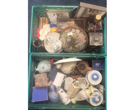 Two Crates of collectables; Victorian stool, inlaid box, Cornish ware blue and white lidded preserves, advertising biscuit ti