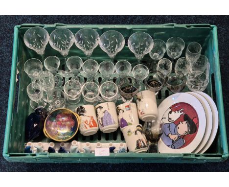 A Large Crate of collectables; Crystal flutes, Maling small bowl, Oriental Goblets &amp; other item