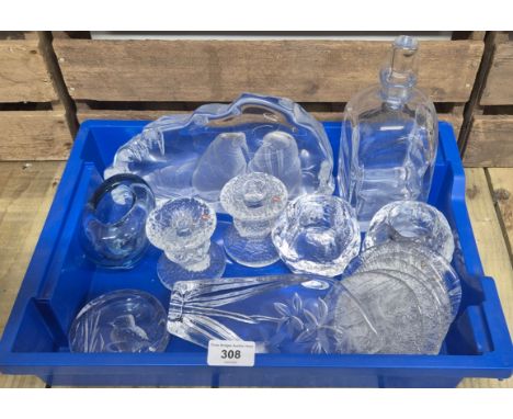 A selection of Art glass and crystal; Mats Jonasson Royal Krona Walrus paperweight. Orrefors cut glass decanter. Mats Jonasso