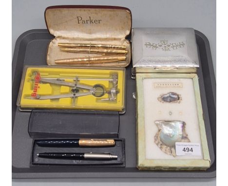 A Selection of collectables; Triple Parker pen gold plated set, Two vintage Parker pens, Silver plated Cigar box &amp; mother