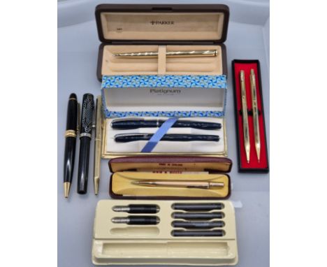 A Selection of fountain and ball point pens; Sheaffer Model 70. Platignum Pen set, Parker swivel pencil with box. Yard O Led 