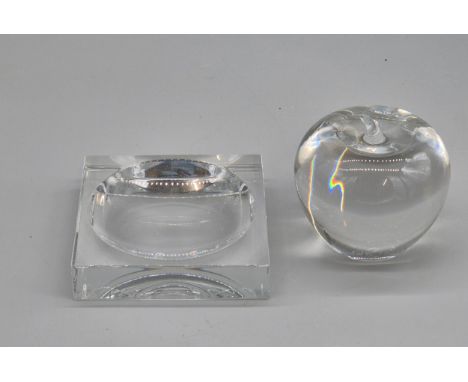 Baccarat Glass pin dish in square form. Together with a Tiffany &amp; Co Crystal art glass apple. 