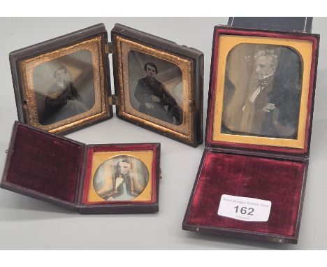 Four Victorian ambrotype &amp; daguerreotype portraits in metal bounds, housed in leather &amp; thermoplastic casings.