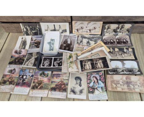 Selection of antique postcards and view finder cards; middle eastern view finder cards, military postcards &amp; tribal cards