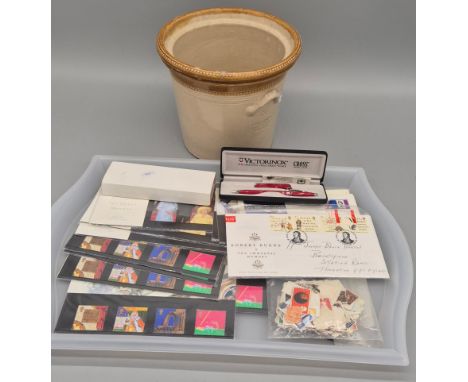 A Tray Selection of collectables, Vintage First day covers Royalty, Robert Burns 1st day cover, loose stamps, Victorinox Swis