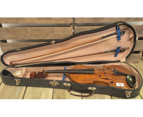 Antique Violin; copy of Antonius Stradivarius in case with bows. 60cm Length. 