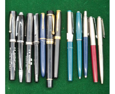 A Collection of vintage fountain and ball point pens. Includes Parker fountain pen with 14ct gold nib. 