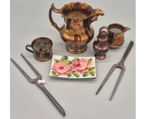 A Selection of Collectables, Wemyss ware Rose pattern Dish, Victorian Lustre wares, jugs pepperette &amp; sugar dish together