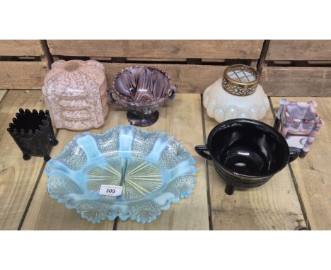 Tray of mixed art glass wares; Art Nouveau Iridescent Opaline glass posy bowl. Slag Glass rectangle form vase and double hand