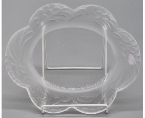 Lalique France crystal feather bowl. Feather design moulded trim. Shall bowl. Signed Lalique R France. 27x22.5cm. 