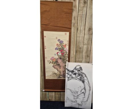 Chinese wall hanging scroll print and Gorilla painting unsigned. 