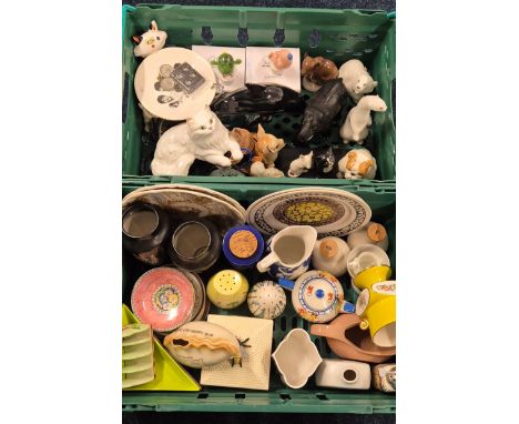 Two crates of collectables; Royal Albert, Maling, Carlton Ware, Shelly, Poole pottery &amp; Beswick bull dog cat &amp; mouse,