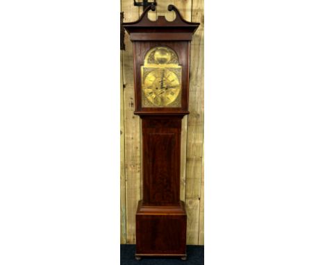19th century Mahogany long case grandfather clock- maker J Smith of Edinburgh. Brass ornate dial, Has pendulum and one weight