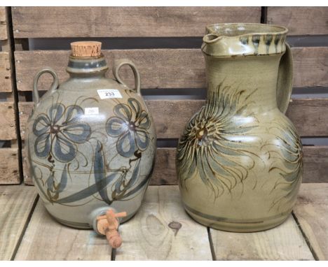 Terry GodbyLarge Studio pottery water jug with sunflower design together with a Two handle wine flagon with wooden pourer fit
