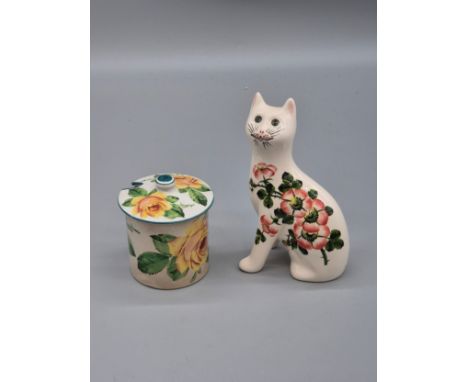 Wemyss ware yellow cabbage rose design jam pot with lid. Together with a Wemyss G. Hill Bovey cat figure. Cat- 17.5cm high. 