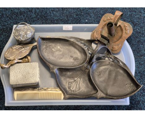 Tray of arts and crafts items; hammered copper candle holder, Art nouveau three section serving dish. Kris Pewter hammered tr