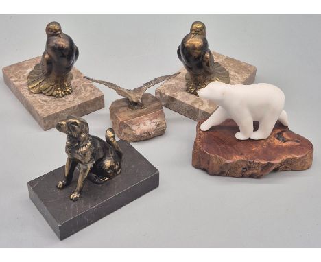 A Collection of art Deco sculptures; Pair of Bronze Dove bronzes, Cold painted  bronze seagull, bronze dog &amp; Martin Perry