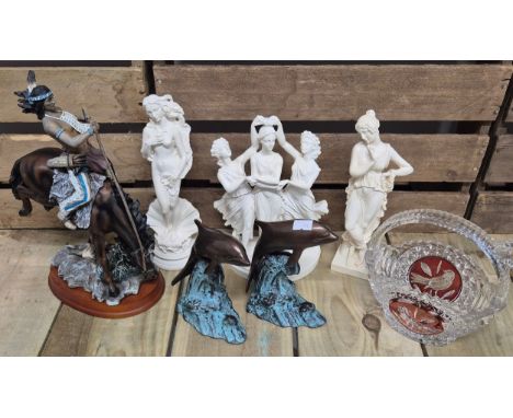 Selection of collectables; cold painted bronze dolphins, Indian on horse back figure &amp; Greek style figures.