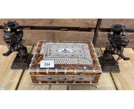 Pair of Chinese bronze foo dog sculpture candlesticks and Anglo Indian tortoise shell and bone Box. 15cm high- foo dogs. 