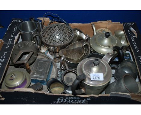 A Box of Assorted Plate & Pewter including. Tea Set, Rose Bowl, Tankards Etc.