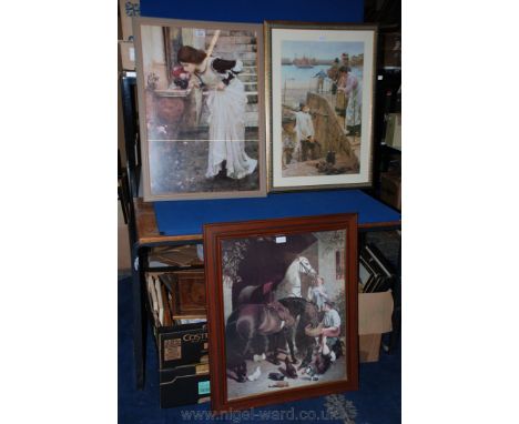 Three large framed Prints including one of a young girl smelling a vase of flowers, a W. Langley print of a Fisherman in conv