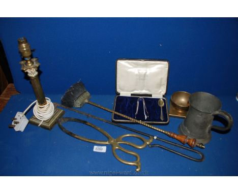 A box of brass and metalware including Candlestick converted to electric, Pewter Tankard 'Kilmacol' Golf Club, brass Fire Ton