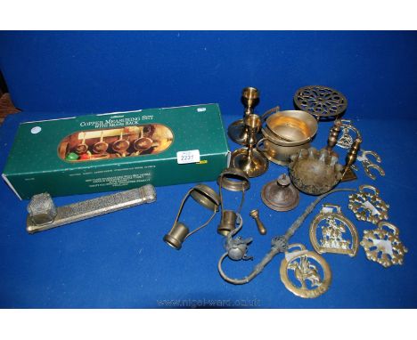 A boxed Copper Measuring Set on rack, six Martingales, small Candlestick, Opium Pipe plus a part Opium Pipe, etc.