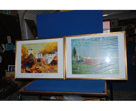 A framed Richard Tuff print 'Beside the Wave Gallery' and a Claude Monet print of sailing boats.