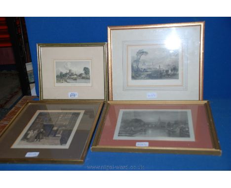 Four Etchings including 'Hereford from the River', 'The Laws Delay' by W.F Yeames, Bath and a J.T Wilmore print of boats and 