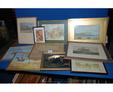 A quantity of pictures including a Watercolour seascape by Hume, a Lionel Edwards Print 'The York and Ministry Redhouse Wood 