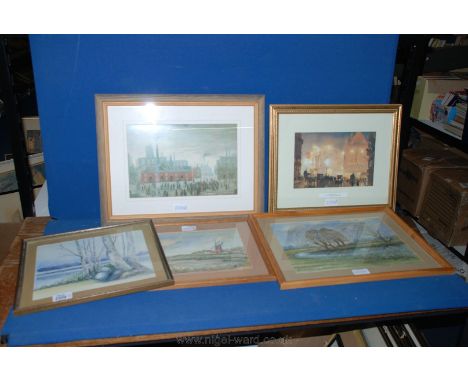 Three watercolours including 'Clay Mill, Norfolk', a shoreline and tree and 'Stour Valley' together with a Lowry print and a 