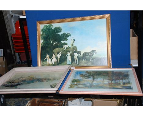 A Vernon Ward print on board of Boats in Harbour, a print of harvest gathering and a Renoir print 'Le Port D'Argenteuil'.