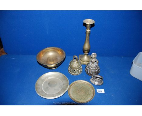 A quantity of Brass including candlestick, bell, crinoline lady bell, bowl, Mappin & Webb plated dish, etc.