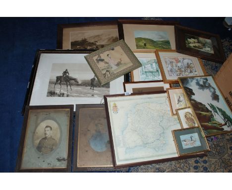 A quantity of Prints and needlework pictures including a Map of Devonshire, a Print entitled 'In the Highlands', B.D. Sigmund