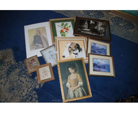 A quantity of Pictures including a Gwen John unframed Print 'Girl in Profile', an Oil on canvas of a Dog, a Watercolour of Ro