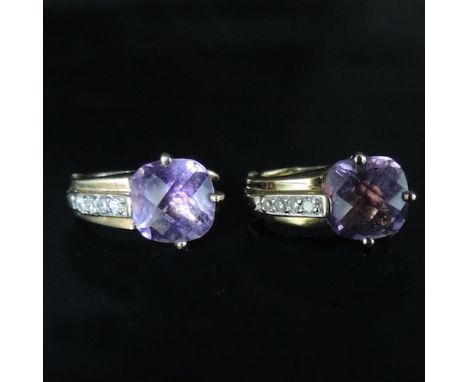 A pair of 9 carat gold and amethyst and diamond hoop earrings, boxed