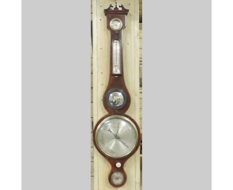 A Georgian mahogany and inlaid banjo barometer, with a convex mirror, 97cm tall