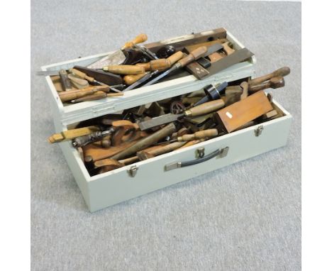 A painted pine chest, containing mainly early 20th century wood working tools