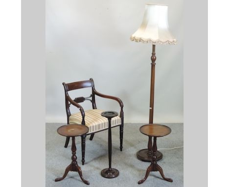 A Regency bar back dining chair, together with a pair of wine tables, a smokers stand and a standard lamp